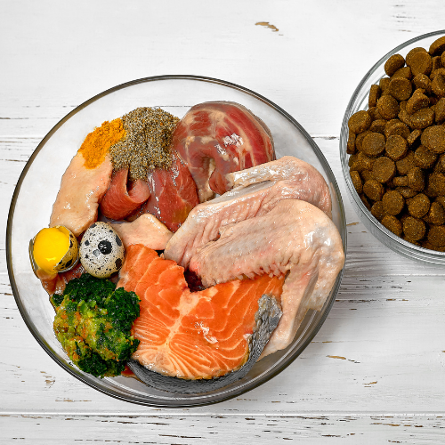 A bowl of raw dog food ingredients, including salmon, eggs, chicken, and more.
