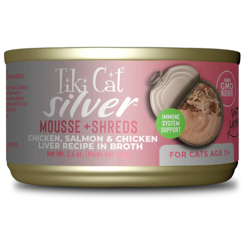Tiki Cat® Silver™ Mousse & Shreds Chicken, Salmon & Chicken Liver Recipe Wet Cat Food (2.4 oz)