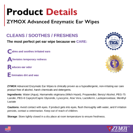 Zymox Advanced Enzymatic Ear Wipes for Cats & Dogs (100 Count)