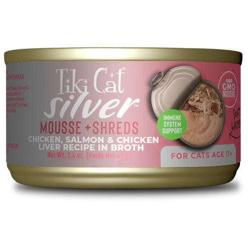Tiki Cat® Silver™ Mousse & Shreds Chicken, Salmon & Chicken Liver Recipe Wet Cat Food