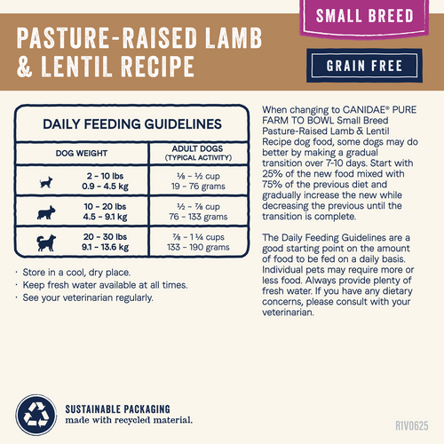 Canidae Pure Farm To Bowl Pasture-Raised Lamb & Lentil, Small Breed Recipe Dry Dog Food