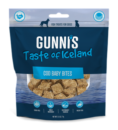 Gunni's Cod Baby Bites Dog Treats - Bite-Sized, Air-Dried, Icelandic Fish, Grain Free - 3oz