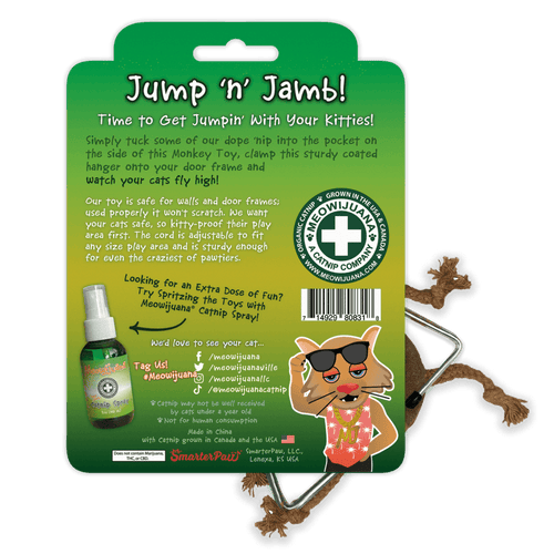 Meowijuana Jump 'n' Jamb - Get The Monkey Off Your Back - Refillable Catnip Swinging Toy