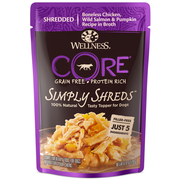 Wellness CORE Simply Shreds for Dogs Shredded Boneless Chicken, Wild Salmon & Pumpkin Recipe in Broth